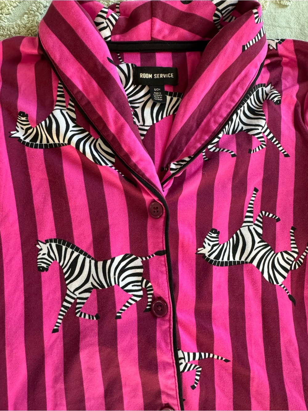 Room Service Women’s Small Pink Zebra Stripe Pajama Set Button Down Lounge - Picture 6 of 14